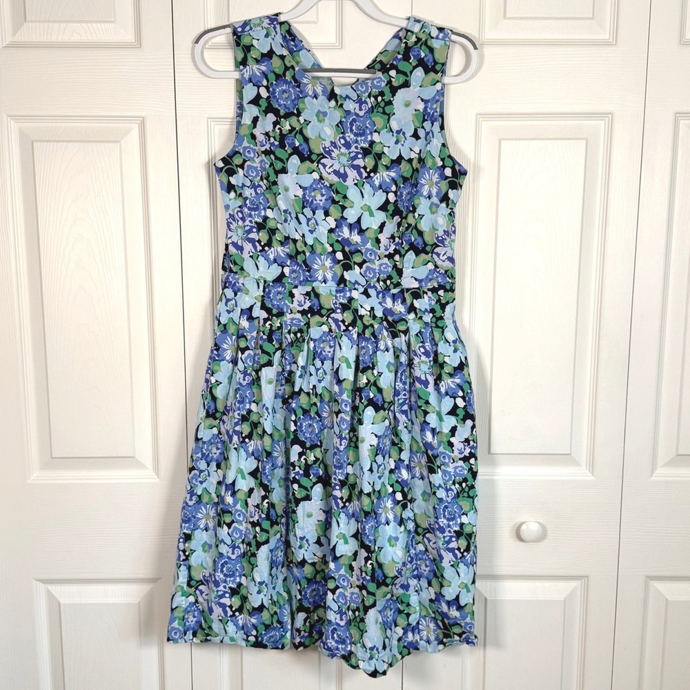 Chadwicks Womens Blue Green Floral Cotton Fit Flare Sleeveless V-Neck Dress 14